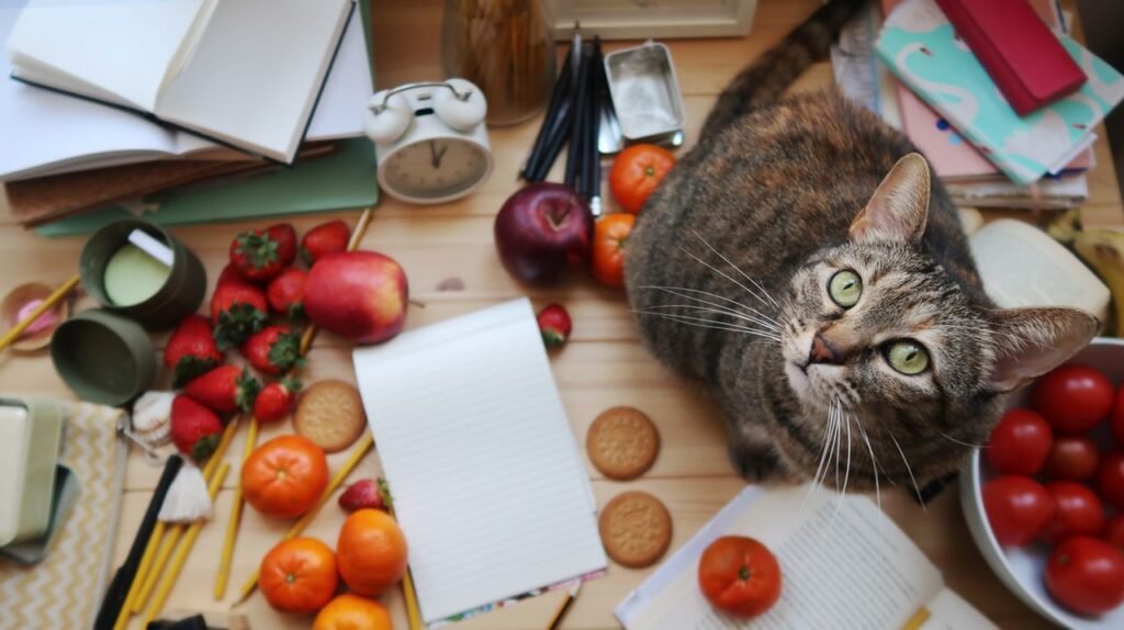 A curious tabby cat sits amidst books, fresh fruits, and scattered objects on a wooden table.